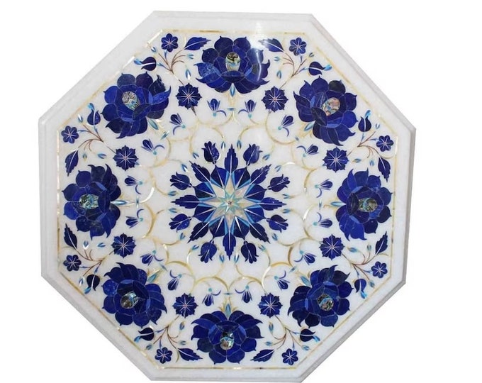 12" Marble Coffee Table Handmade Lapis Top Semi Precious Stone Inlay Floral Marquetry Art Home Deco
