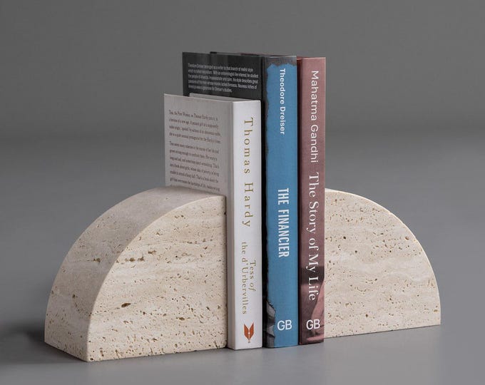 Travertine Semicircle Bookends • Natural Stone Book Ends • Minimalist Heavy Book Holder