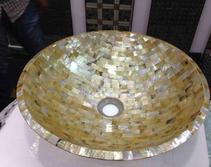 Round Golden Stone Mosaic Vessel Sink | Handmade Luxury Bathroom Wash Basin