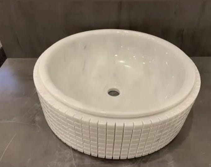 Handcrafted White Marble Vessel Sink | Round Stone Basin