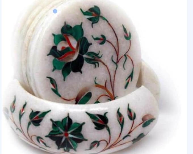 Marble Tea Coaster Set Handmade Semi Precious Stones Work Home Decor & Gifts