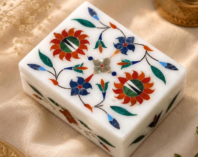 Marble Inlay Jewelry Box: Malachite Carnelian Floral Design Storage