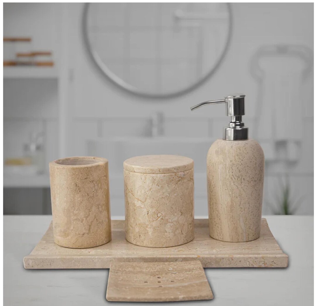 Luxury Beige Marble Bathroom Set – Soap Dispenser, Canister & Tumbler ...