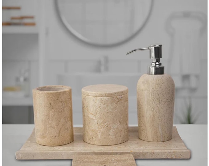 Luxury Beige Marble Bathroom Set – Soap Dispenser, Canister & Tumbler on Matching Tray