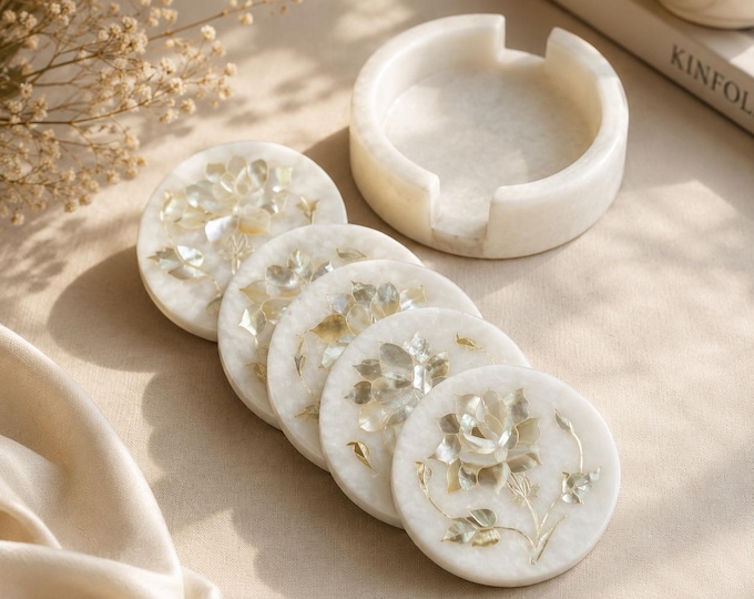 Marble Coaster Set with Pietra Dura Inlay – Handmade Floral Stone Art Home Decor