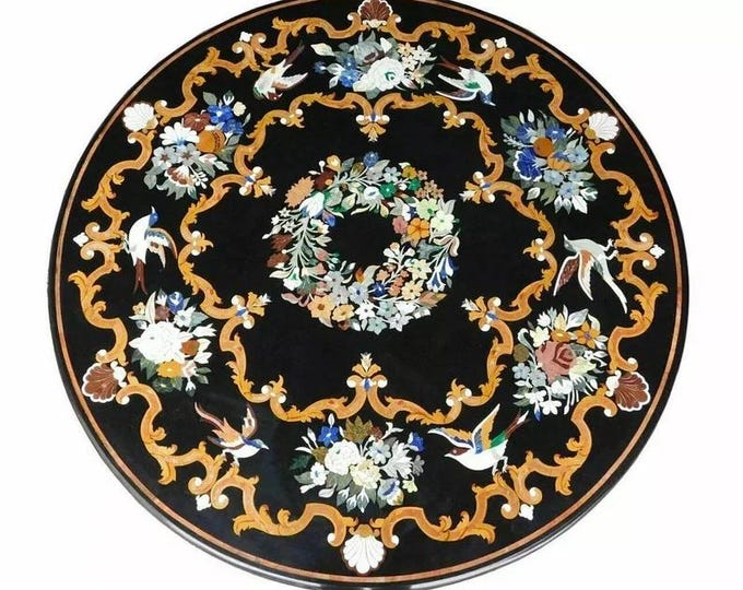 36" Elegant Black Marble Coffee Table Living Room Hallway Top Morden Handmade MOP Hakik Gemstone Floral Inlay Marquetry Art Furniture Decr