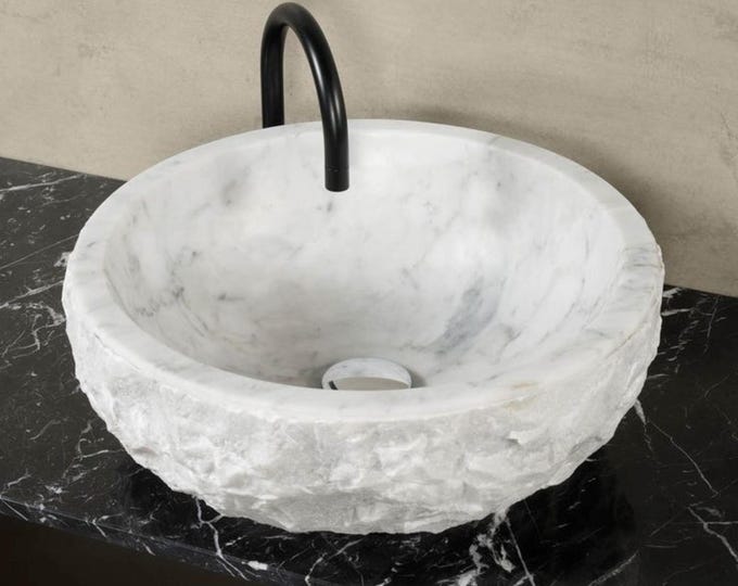 White Marble Vessel Sink - Handcrafted Natural Stone for Custom Washroom Decor, Unique Bathroom Accent