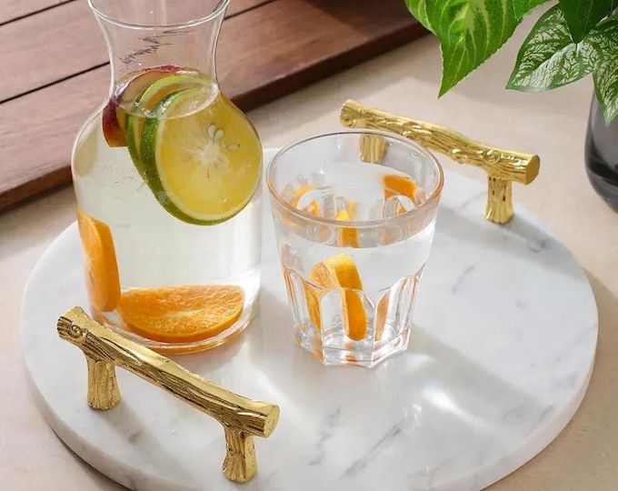 Round Marble Serving Tray with Brass Handles