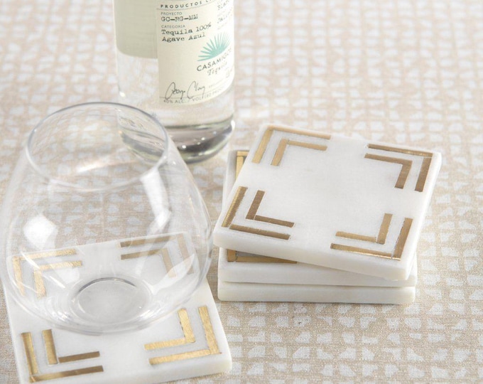 White Marble Coasters with Brass Inlay Set of 4, Luxury Drink Coasters