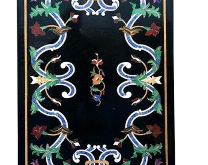 Luxury Black Marble Coffee Table with Gemstone Inlay Art