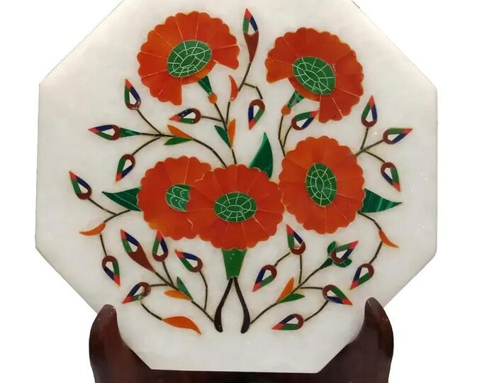 Handmade Marble Inlay Plate | Floral Stone Inlay Art Decor
