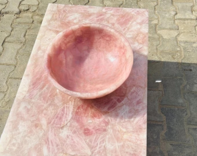 Elegant Rose Quartz Bathroom Sink with Matching Table – Semi Precious Stone Set