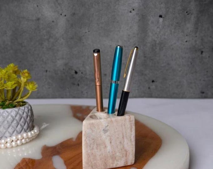 Brown Marble Pen Holder, Square Stone Desk Organizer