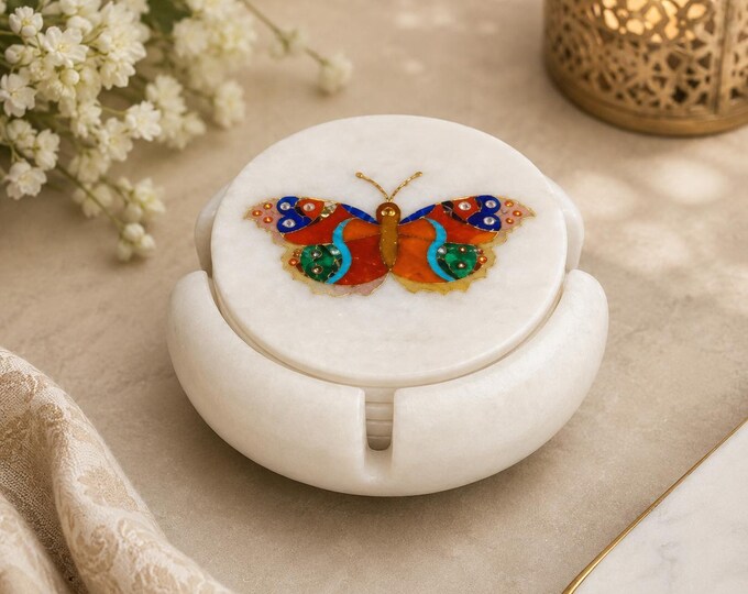 Marble Coaster Set Handmade Butterfly Design Semi Precious Stone Home Decorative Gift