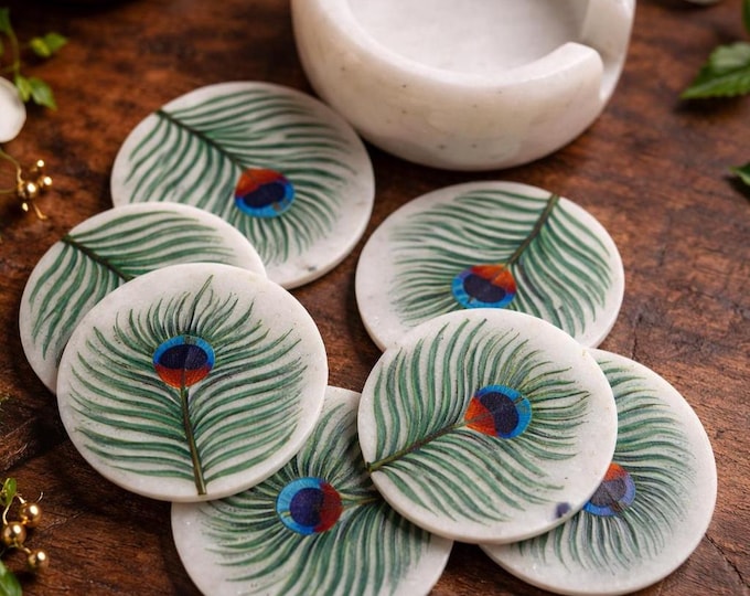 Marble Coaster Set Handmade Multi Semi Precious Stones Inlay Pietradura Art Work Home Decor