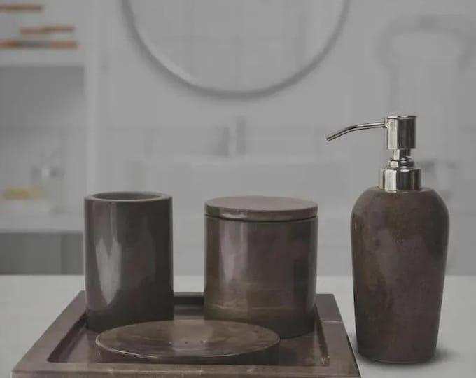 Brown Marble Bathroom Set with Brass Pump | Modern Home Decor