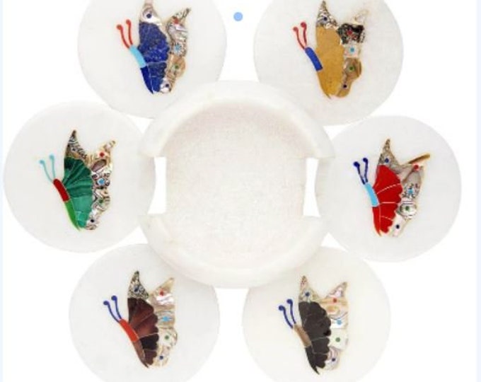 Marble Coaster Set Semi Precious Stone Work Inlay Home Office Decorative