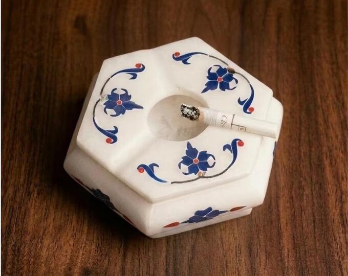 Vintage Marble Inlay Ashtray, Semi-Precious Stone Pietra Dura Floral Inlay