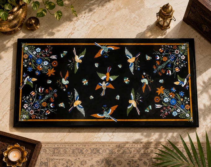 Handmade Marble Inlay Coffee Table Top – Rectangular Decorative Marble Panel