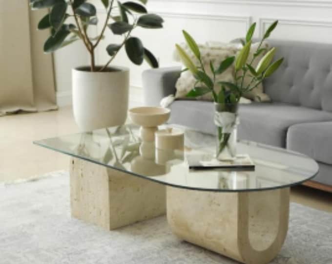 Handmade Oval Glass Coffee Table: Mid-Century Travertine Stone Base