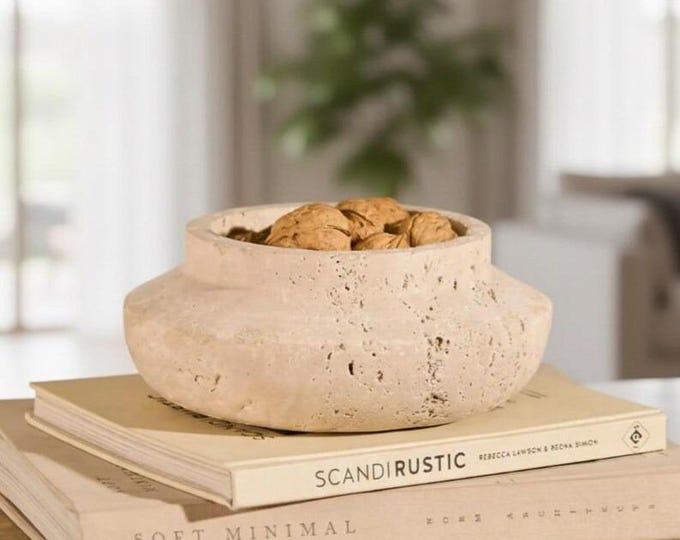 Travertine Stone Bowl – Sculptural Wavy Edge, Natural Decorative Accent
