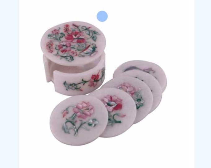 Marble Coaster Set Multi Semi Precious Stones Pietra Dura Floral Inlay