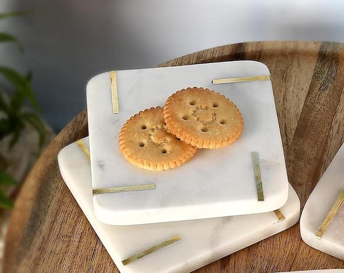 White Marble Coasters with Brass Inlay, Square Stone Coaster Set