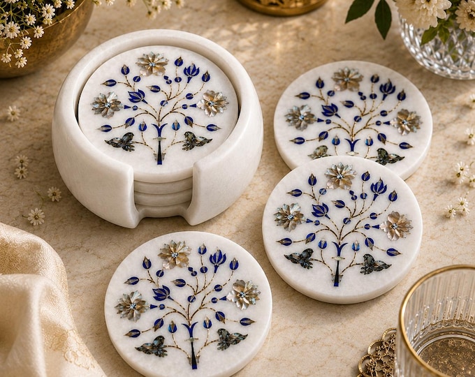Handmade Marble Coaster Set with Blue Floral Inlay | Luxury Marble Table Décor