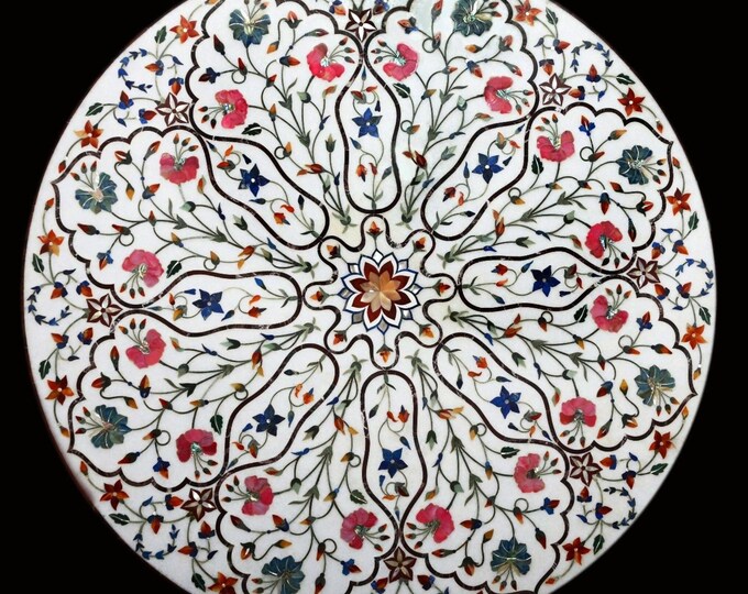 White Marble Round Table Top with Minimalist Design Inlaid Semi Precious Stone Patio Table Top for Home and Living Room