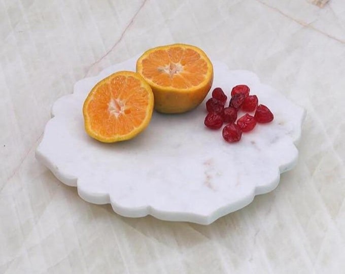 Scalloped Marble Pedestal Tray with Brass Feet – White Marble Riser Stand