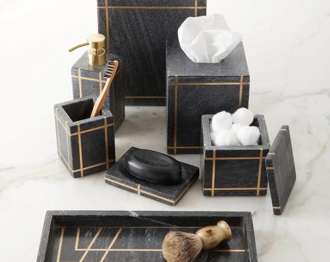 Luxury Black Stone Bathroom Accessory Set with Gold Inlay | Modern Bathroom Decor
