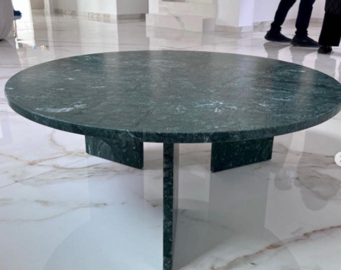 Green Marble Round Coffee Table Sculptural Center Table, Minimalist Interior Accent