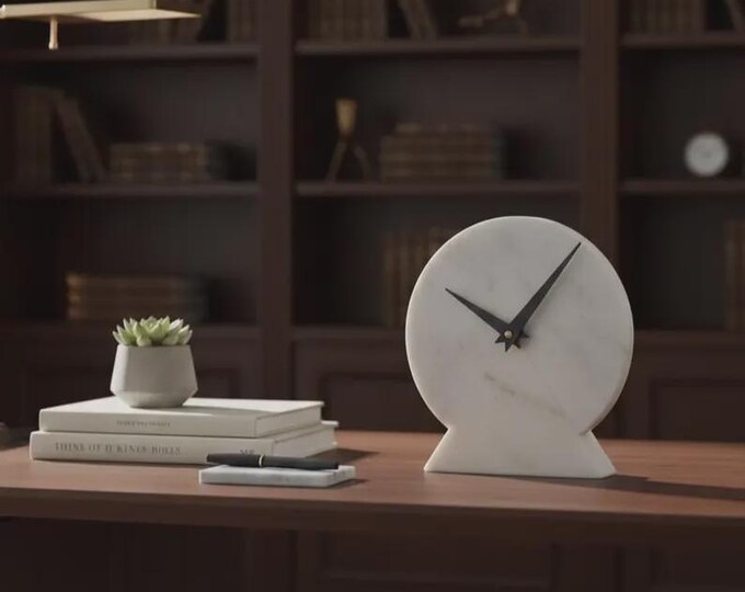 Modern Marble Desk Clock – Minimalist White Stone Table Clock with Black Hands