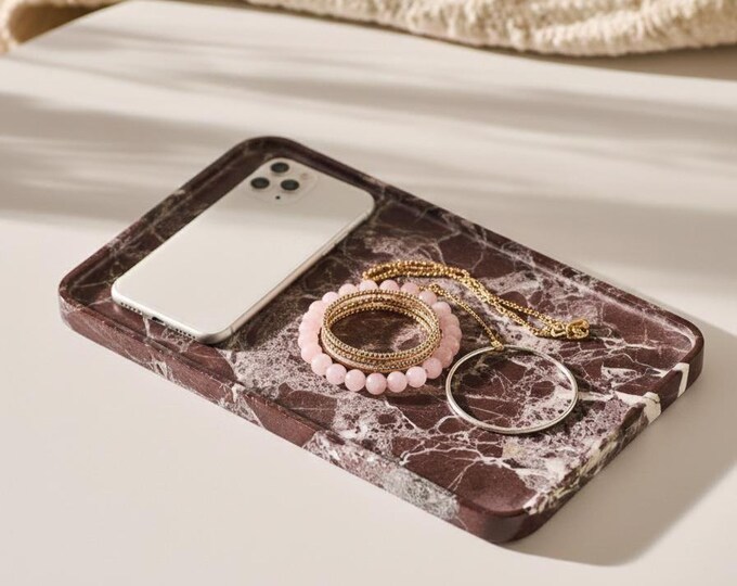 Luxury Rosso Levanto Marble Catchall Tray – Handcrafted Matte Stone Organizer