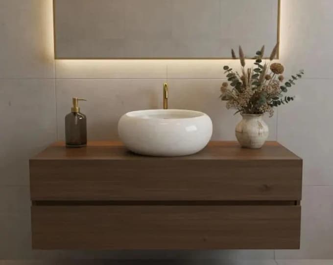 Modern Round Marble Vessel Sink – Minimalist Countertop Bathroom Basin