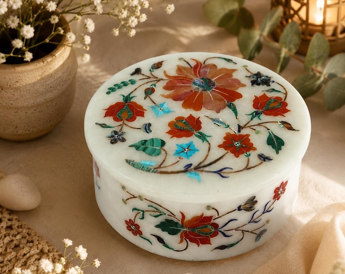 Marble Jewelry Ring Box Pietra dura Inlay Handmade semi-precious stones Works