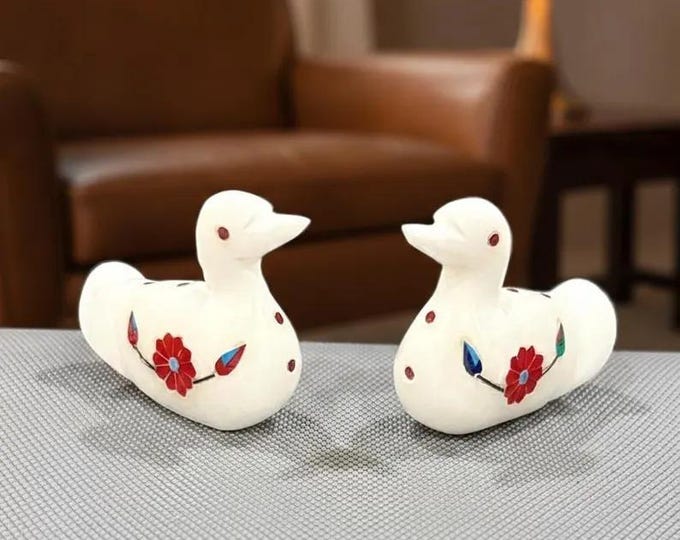 Marble Duck Pair with Red Flower Inlay – Decorative Stone Birds