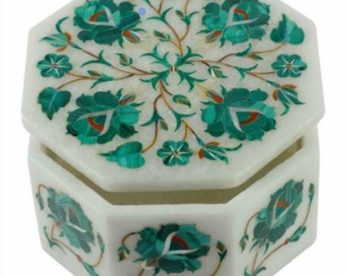 4" x 4" x 2" Marble Box Pietra dura Malachite Floral Inlay semi precious stones Work