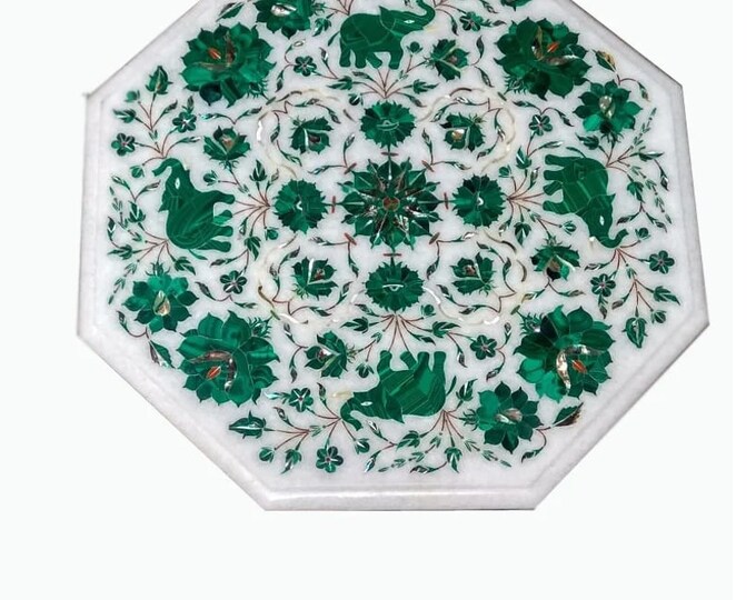 Marble Coffee Table Top Inlay Art Malachite Semi Precious Stones  Handmade Pietra Dura Work Home Decor