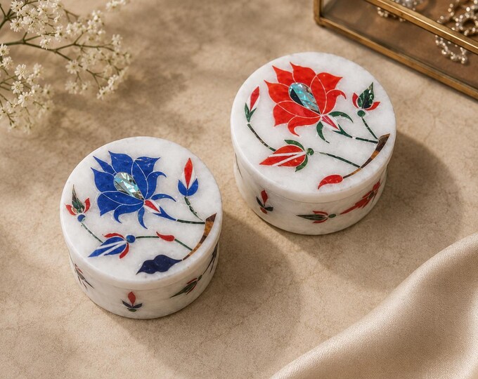 Marble Pair Ring Box Lapis Malachite Semi-Precious Stone Inlay boxes