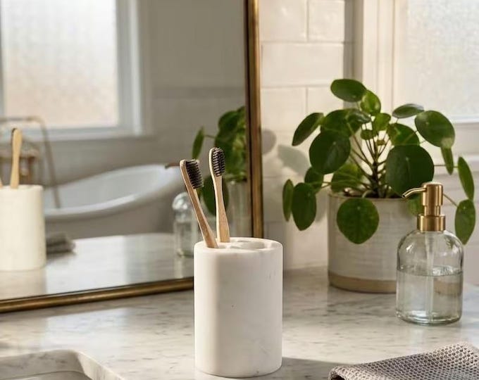 Minimalist White Marble Toothbrush Holder - Modern Desk Pen Stand