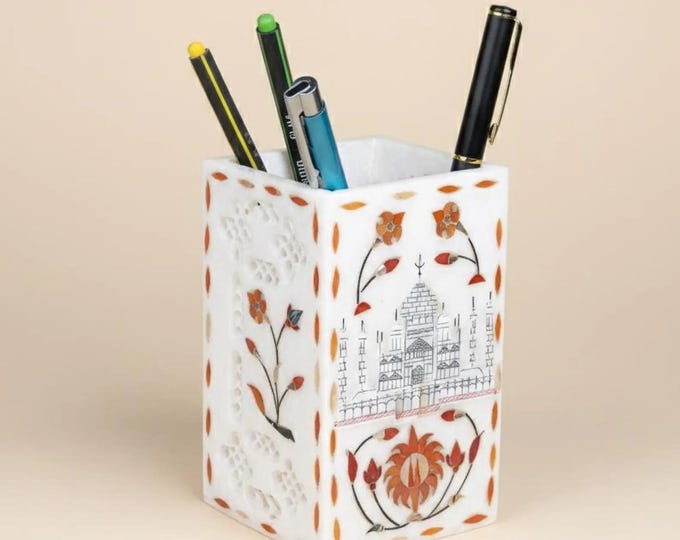 Marble Pen Holder with Taj Mahal Inlay Art | Handcrafted Desk Organizer