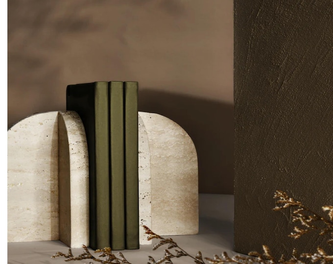 Travertine Stone Bookends / Minimalist Sculptural Book Holder Set