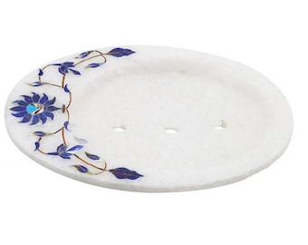White Marble Soap Dish Holder Lapis Lazuli Inlay Floral Design Home Decor