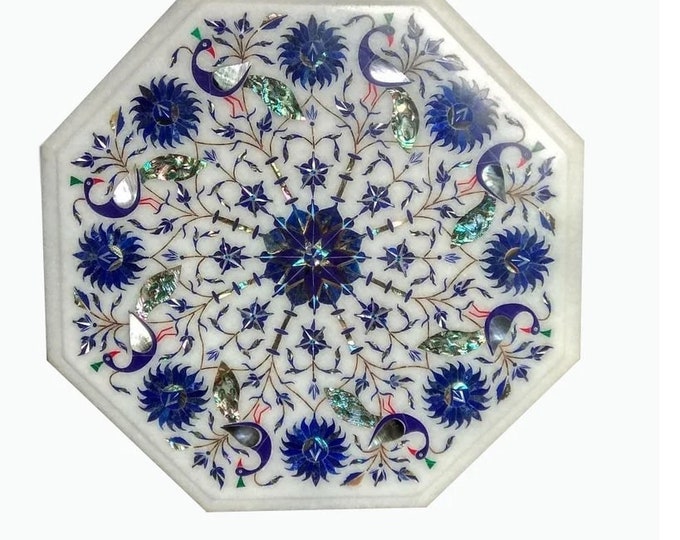 White Marble Coffee Table Top with Lapis Lazuli  and Abalone Shell Stone Inlay Work Center Table for Home and Garden Decor