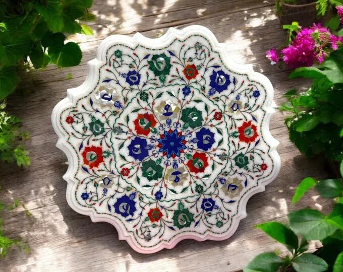 Handmade White Marble Inlay Table Top: Floral Pietra Dura Art