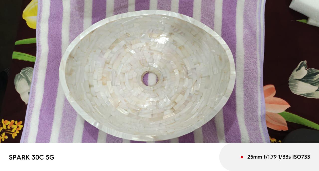 Round Marble Sink with Classy Look Mother of Pearl Overlay Work Vanity Van Wash Basin for Decor