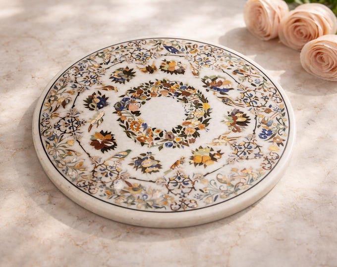 Handmade White Marble Table Top with Semiprecious Stone Inlay