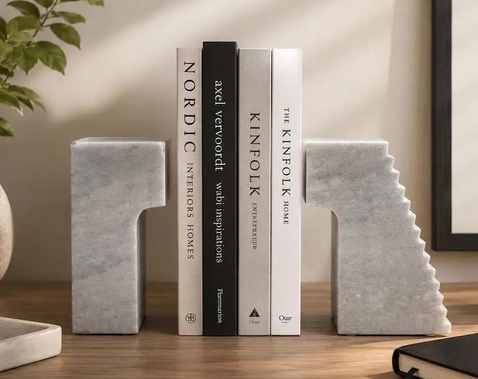 Modern Marble Bookends Set | White Marble Book Holders |Luxury Shelf Decor