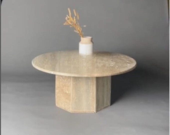 Minimalist Travertine Coffee Table – Round Natural Stone Table with Sculptural Pedestal Base